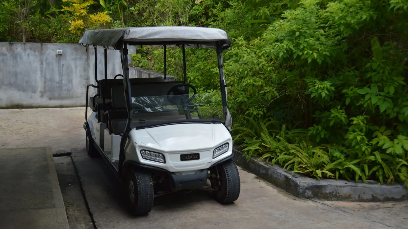 A white six-passenger Club Car parked on a residential driveway beside tropical planting