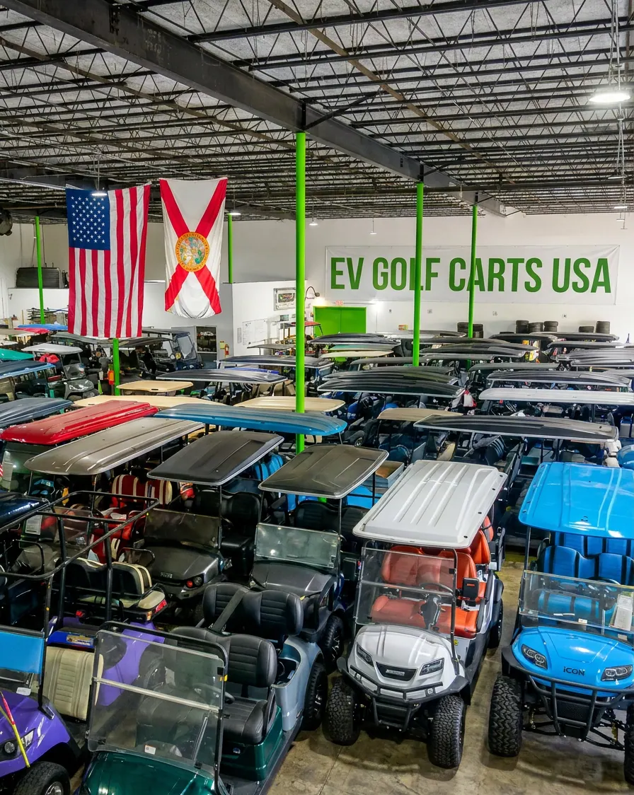 Rows of golf carts in stock inside the EV Golf Carts USA showroom