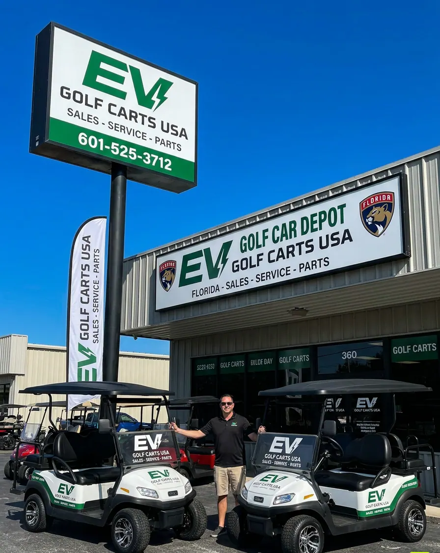EV Golf Carts USA owner standing between two carts outside the dealership under the storefront sign