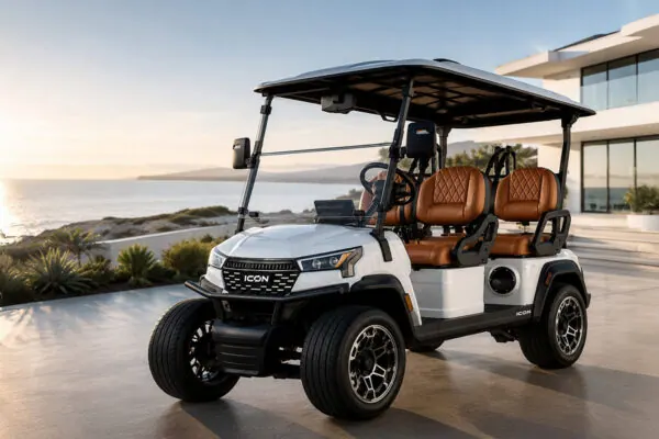 An ICON golf cart parked in front of a modern coastal home at sunset