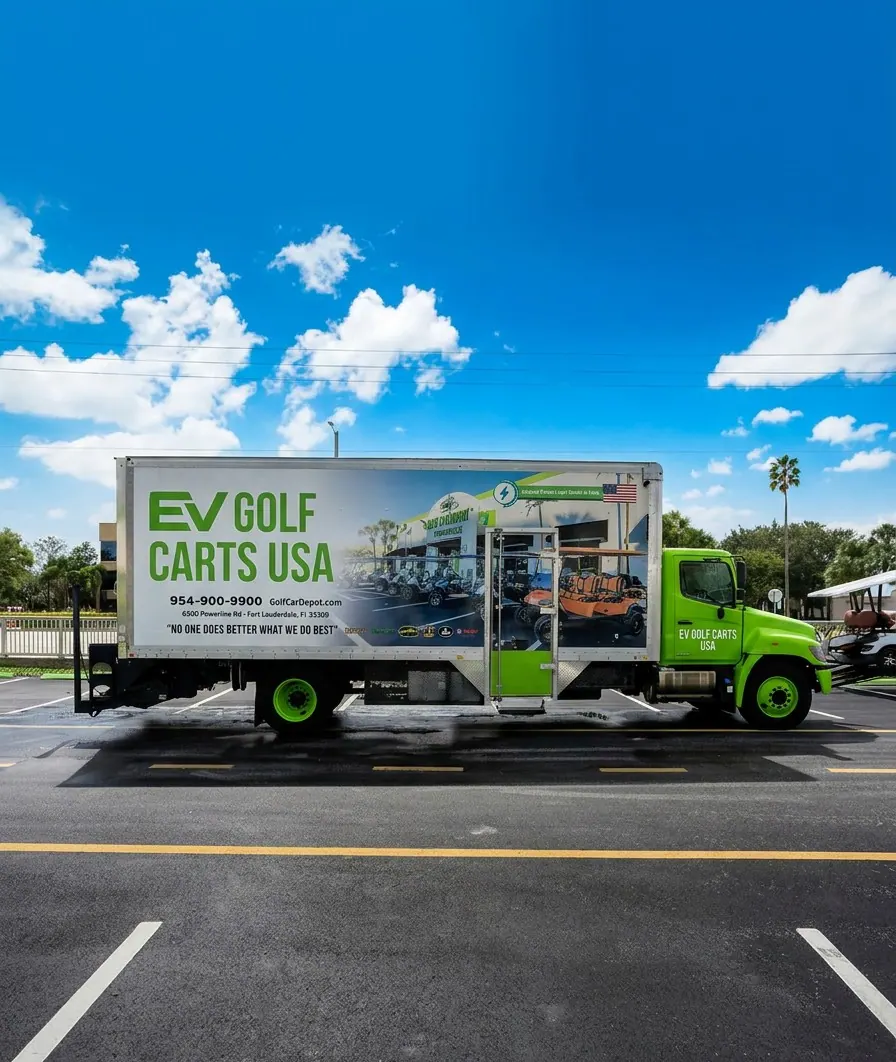 EV Golf Carts USA branded delivery truck on the road