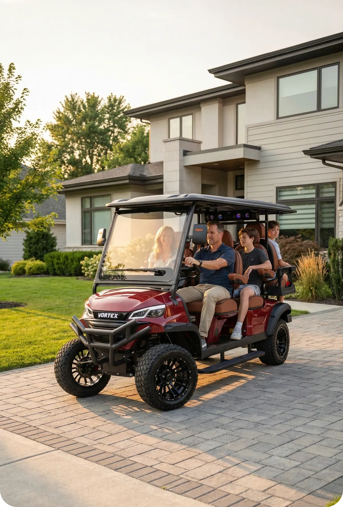 A family arriving home in their golf cart at sunset