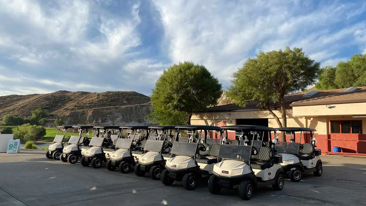 A row of golf carts lined up at a course