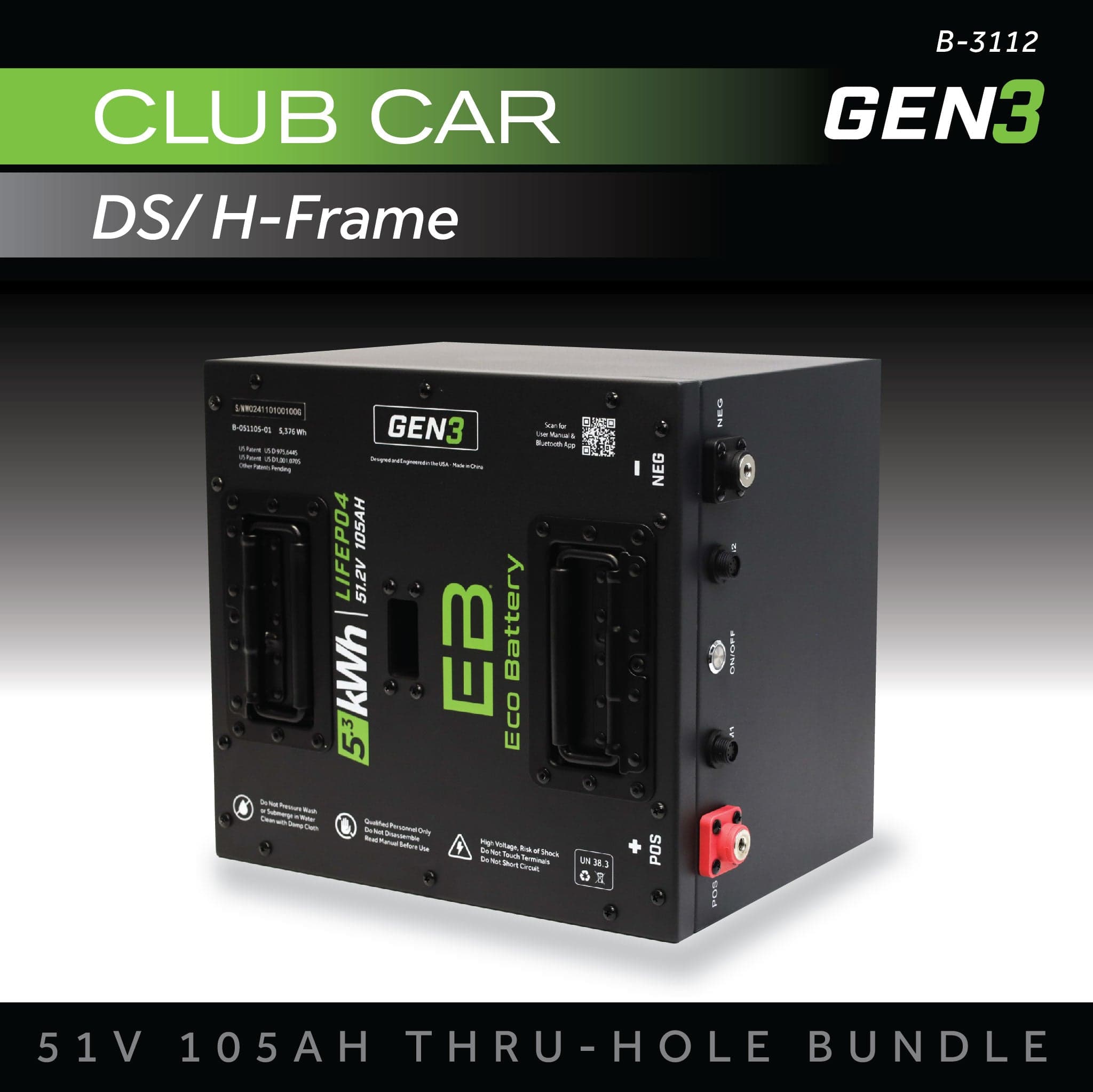 Eco Battery (48V) 51V 105AH Thru-Hole Battery Bundle / Club Car DS / H-Frame