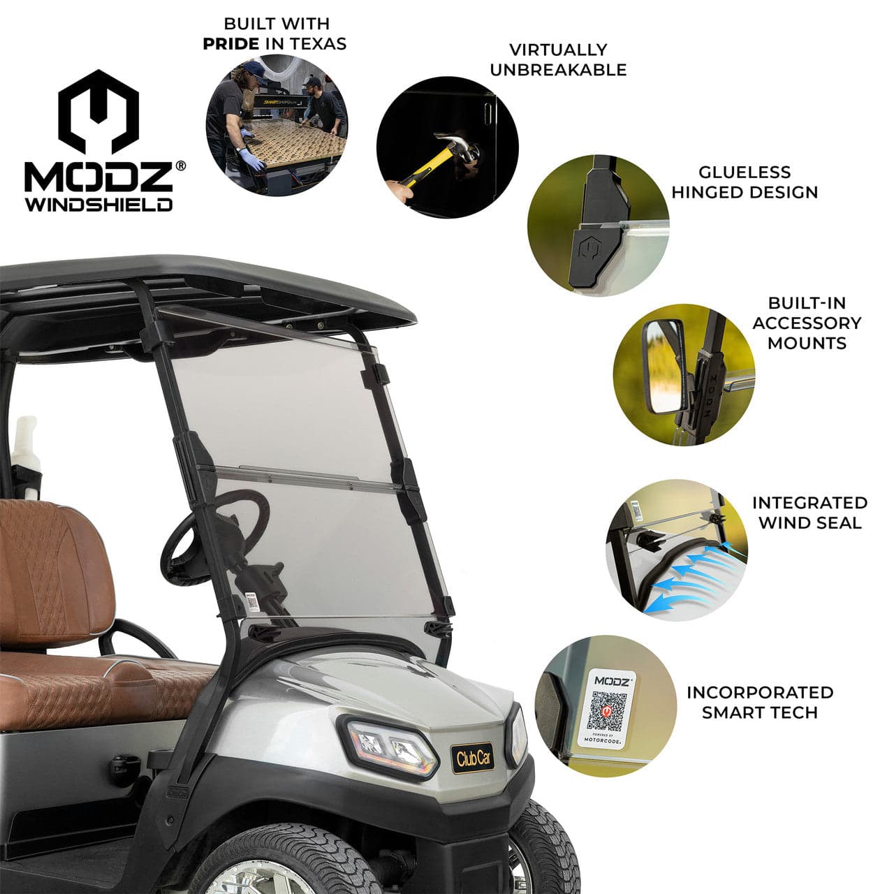 MODZ Windshield for Club Car Golf Carts - Fits Precedent, Onward, Tempo, DS (1982-2000)